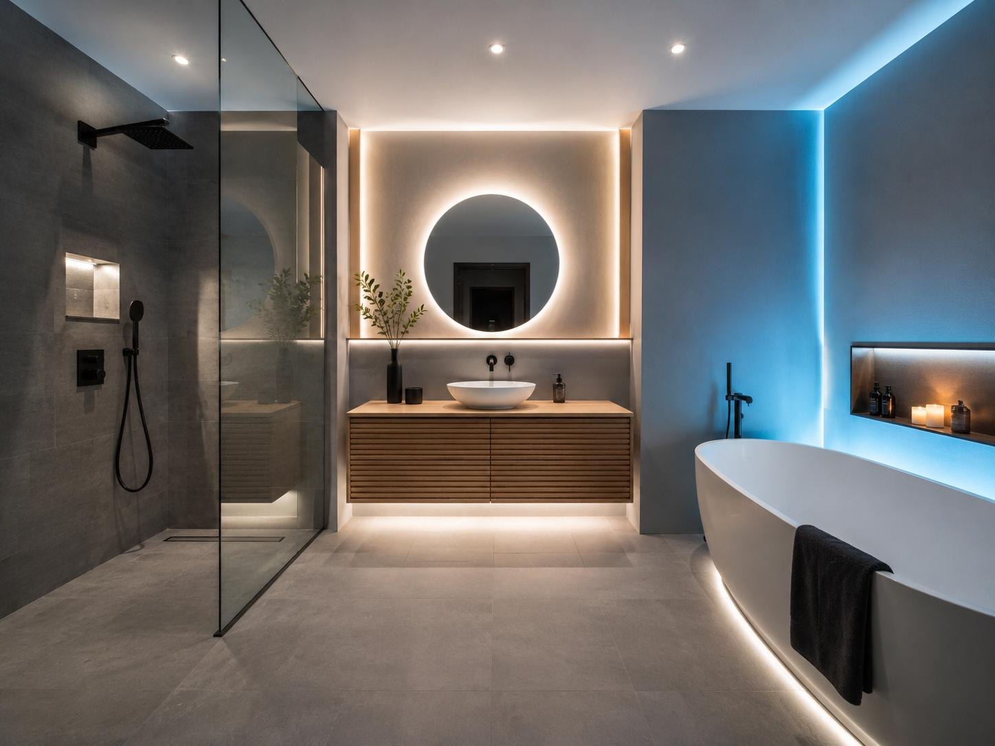 Modernes Badezimmer mit Regendusche, freistehender Wanne und indirekter Beleuchtung – Pyka Haustechnik